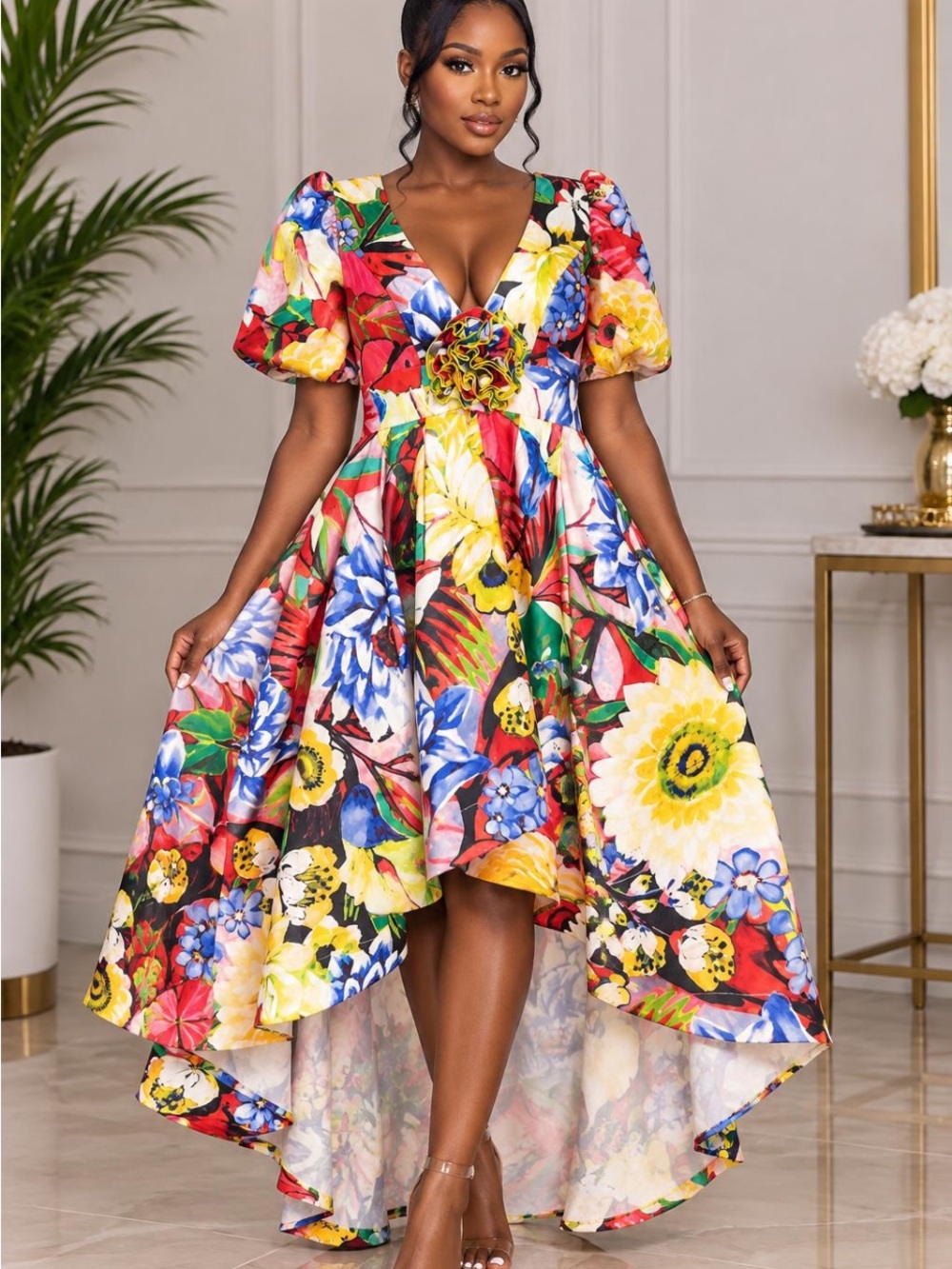 Floral High-Low V-Neck Puff Sleeve Dress - Multicolor